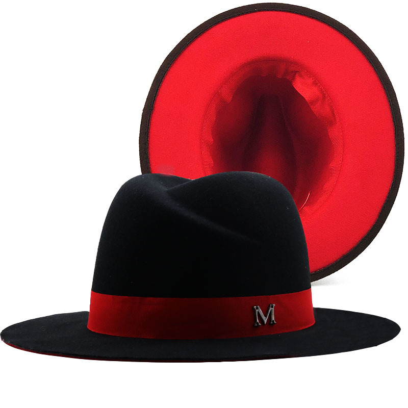 Fedora Hat Wool - Новый внешний черный внутренний красный шерстяной